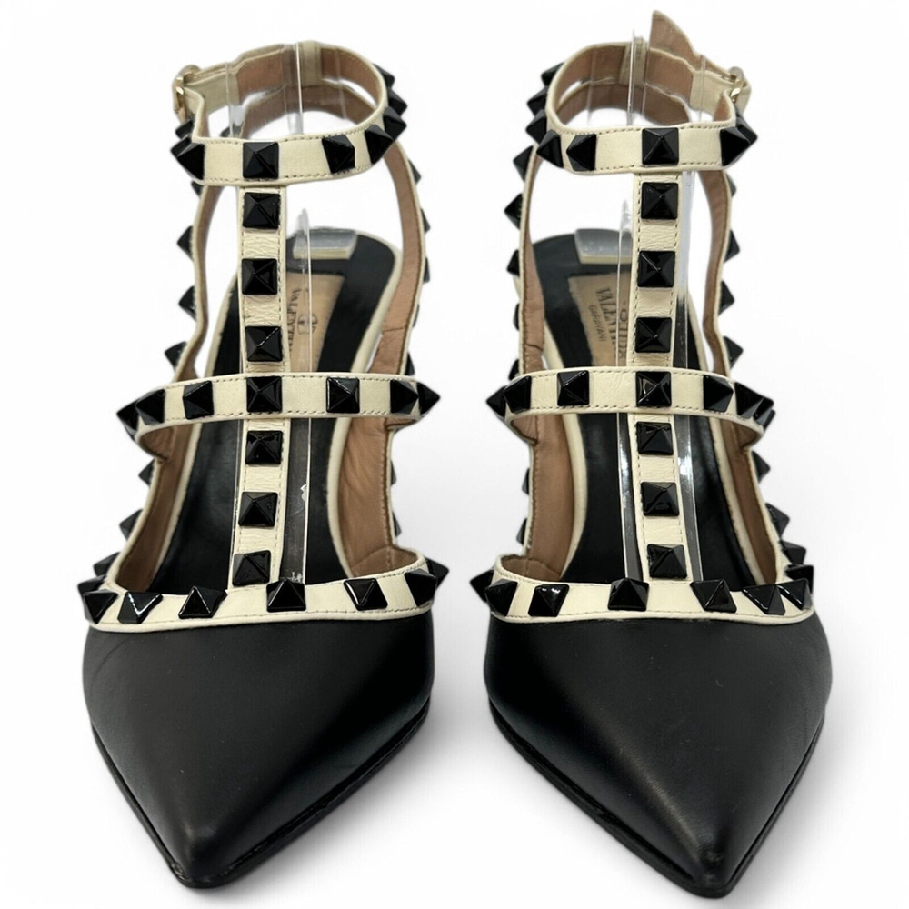Valentino Rockstud Ankle Strap 100mm Pumps 36.5 Black Light Ivory Leather - Picture 4 of 14